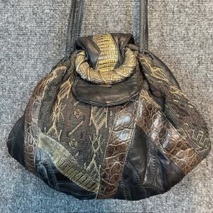 Vintage 80s Metallic Patchwork Black Gold Faux Leather Crossbody Shoulder Bag